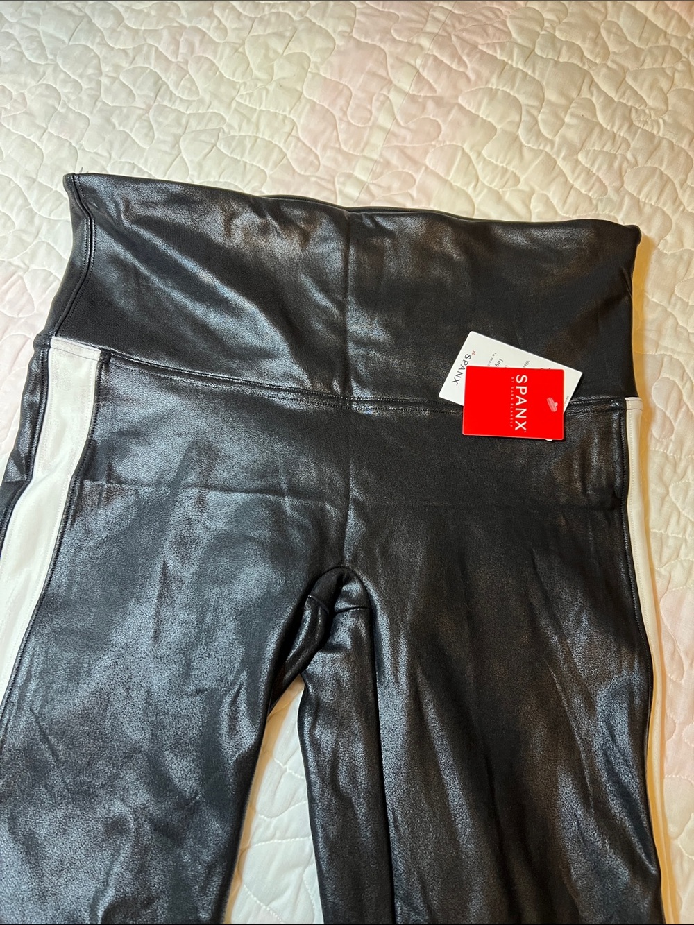 SPANX Black Faux Leather Kids Leggings with White Side Panels
